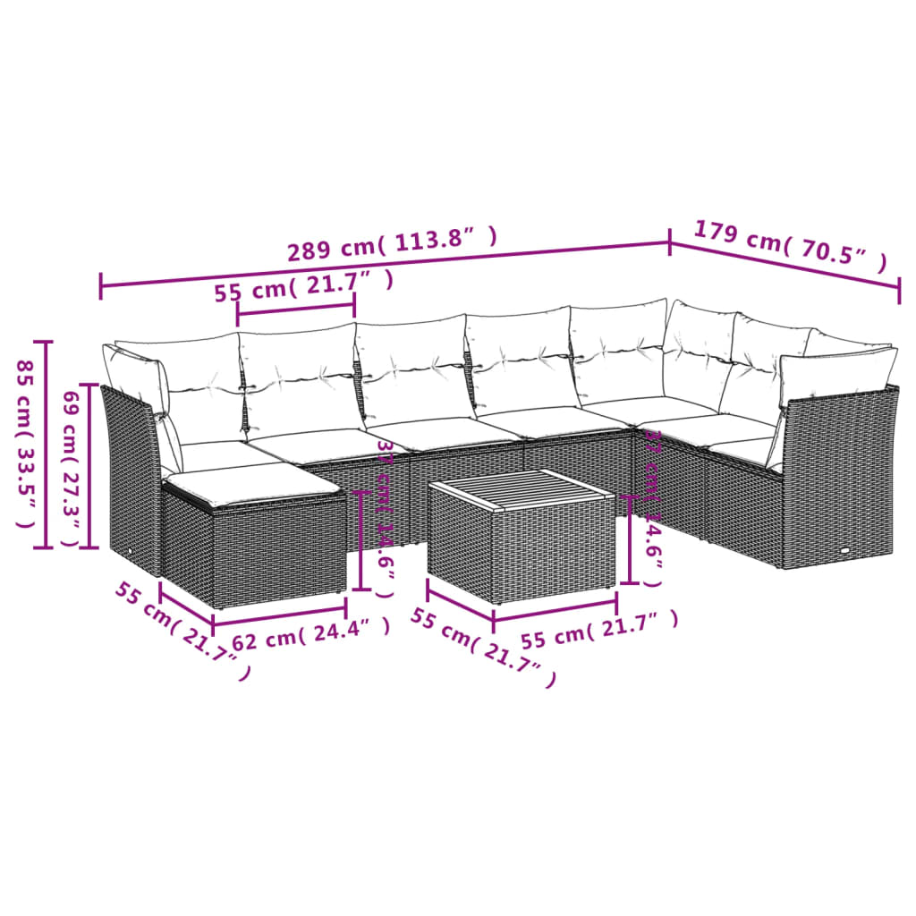 9-delige Loungeset met kussens poly rattan grijs