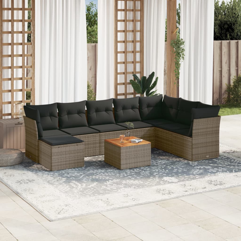 9-delige Loungeset met kussens poly rattan grijs