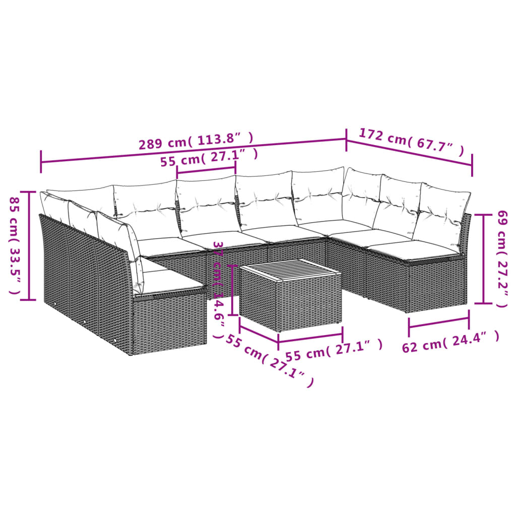 10-delige Loungeset met kussens poly rattan grijs