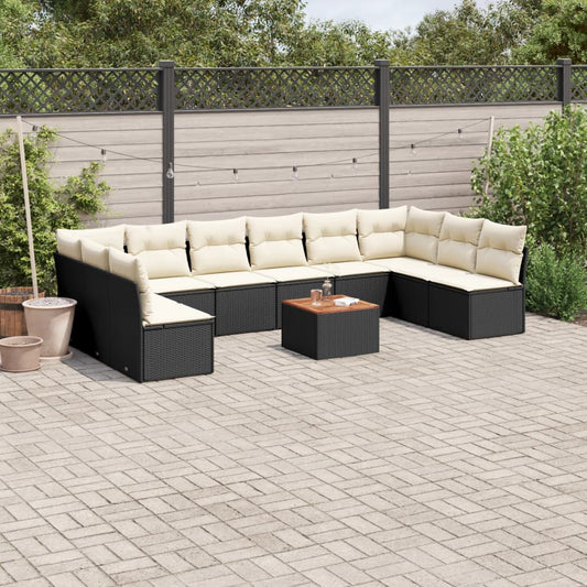 11-delige Loungeset met kussens poly rattan zwart