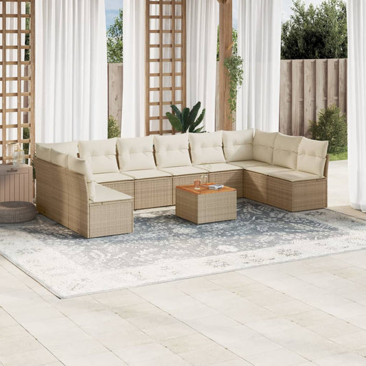 11-delige Tuinset met kussens poly rattan beige