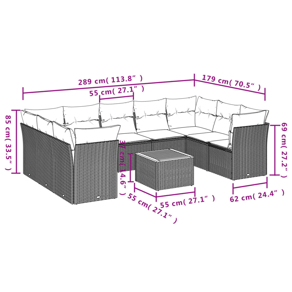 10-delige Loungeset met kussens poly rattan zwart