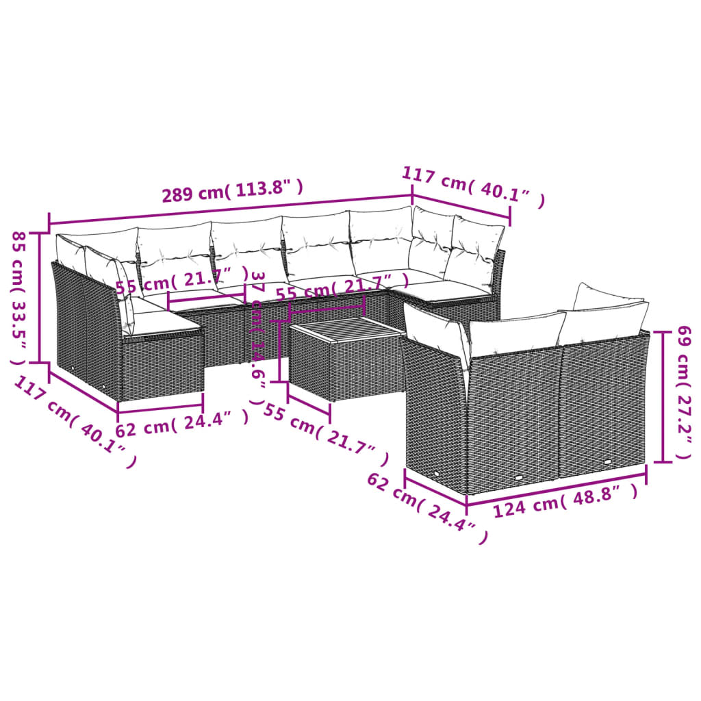 10-delige Loungeset met kussens poly rattan zwart