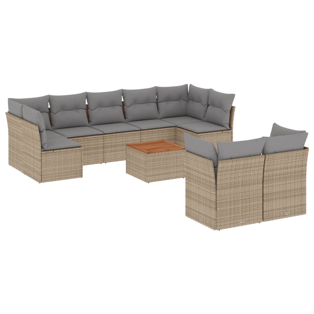 10-delige Loungeset met kussens poly rattan gemengd beige