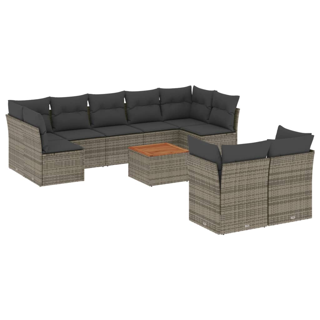 10-delige Loungeset met kussens poly rattan grijs