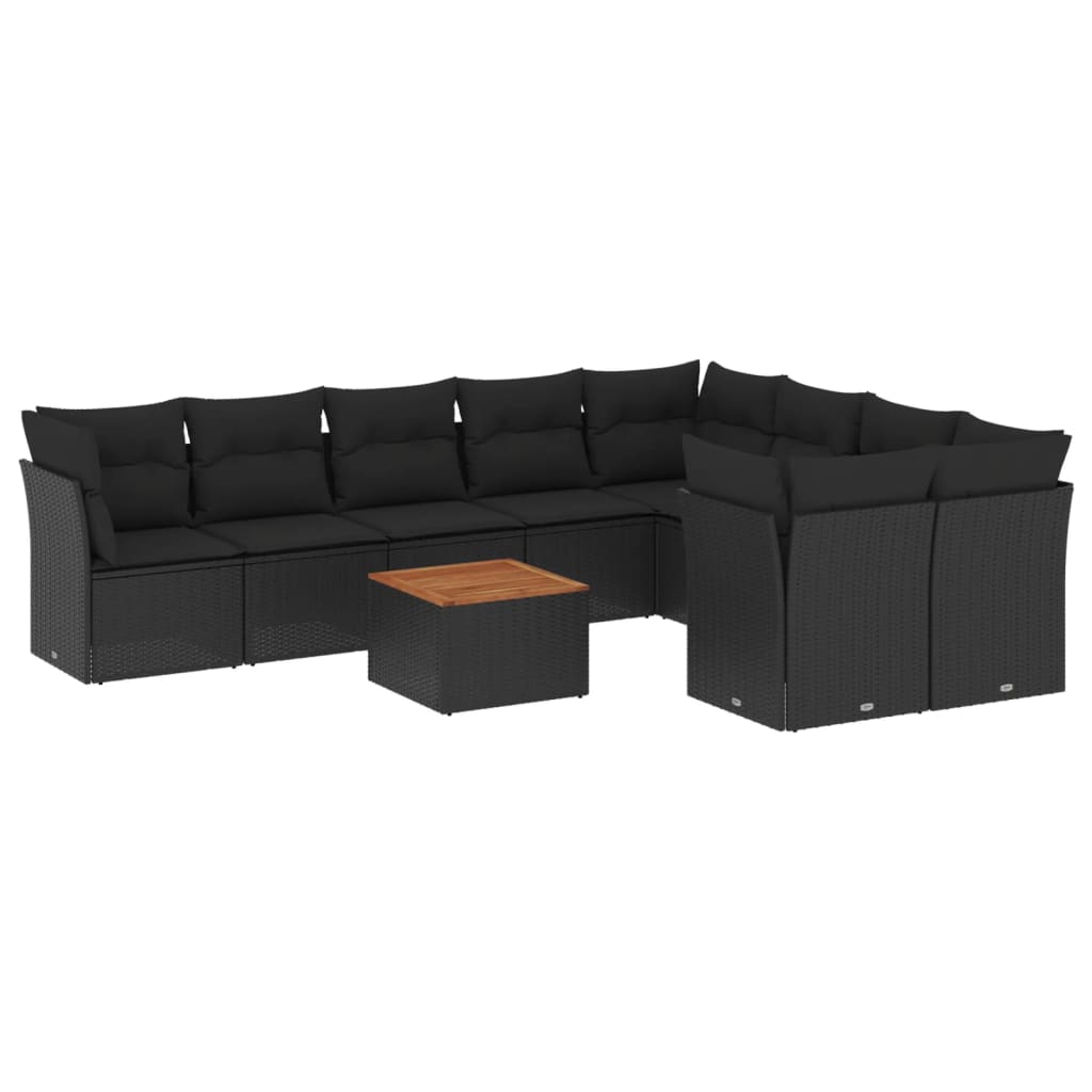 10-delige Loungeset met kussens poly rattan zwart