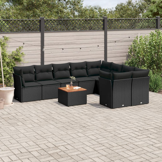 10-delige Loungeset met kussens poly rattan zwart