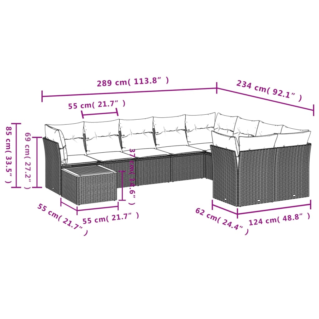 10-delige Loungeset met kussens poly rattan zwart