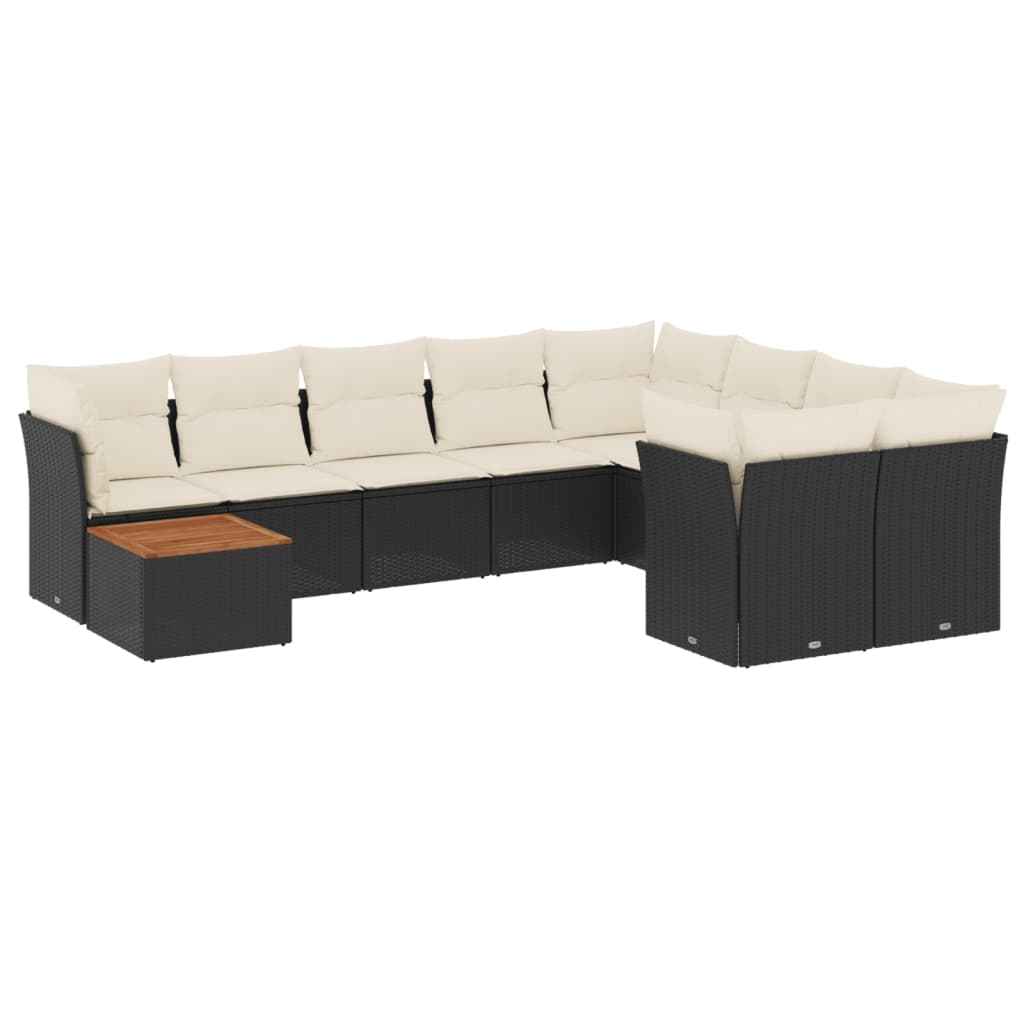 10-delige Loungeset met kussens poly rattan zwart