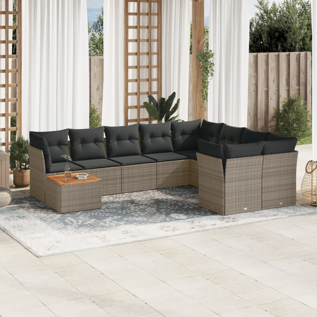 10-delige Loungeset met kussens poly rattan grijs