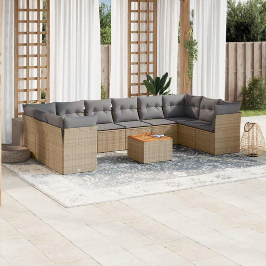 11-delige Loungeset met kussens poly rattan gemengd beige