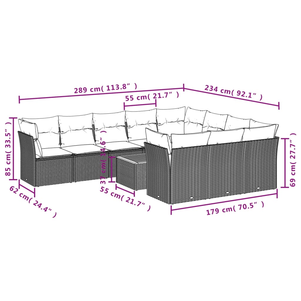 11-delige Tuinset met kussens poly rattan beige