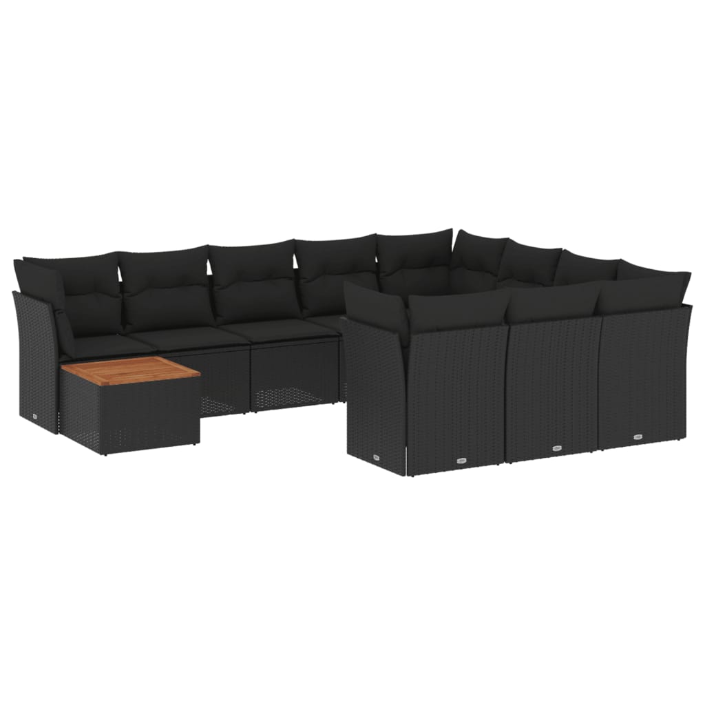 11-delige Loungeset met kussens poly rattan zwart