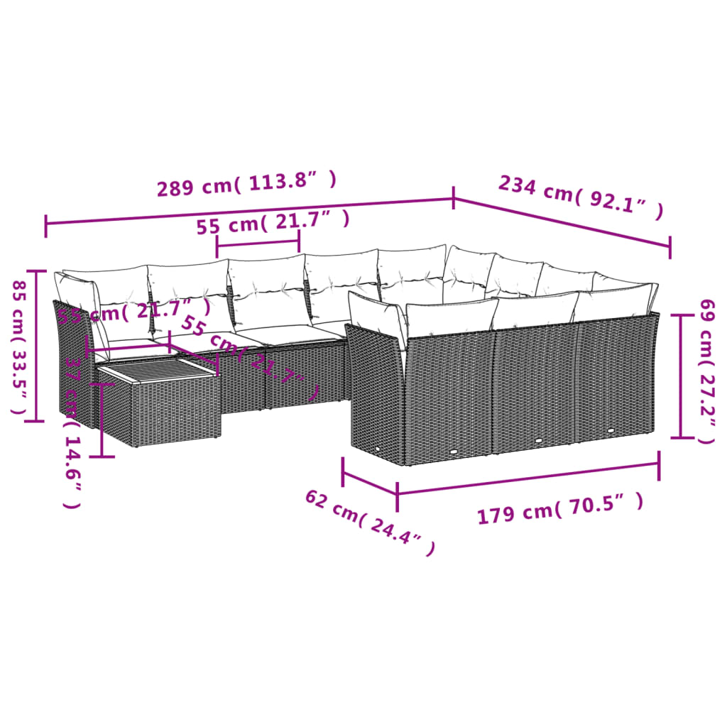 11-delige Loungeset met kussens poly rattan zwart