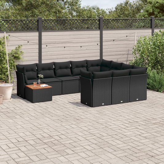 11-delige Loungeset met kussens poly rattan zwart