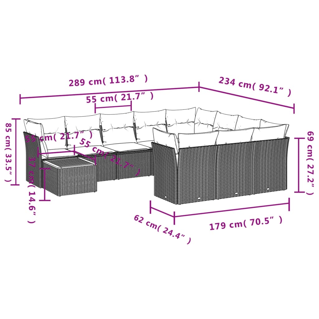 11-delige Loungeset met kussens poly rattan gemengd beige