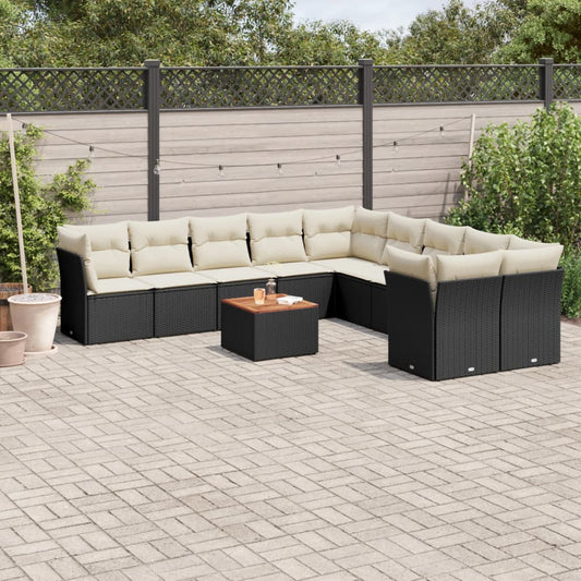 11-delige Loungeset met kussens poly rattan zwart