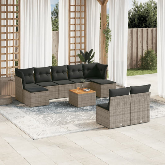 10-delige Loungeset met kussens poly rattan grijs