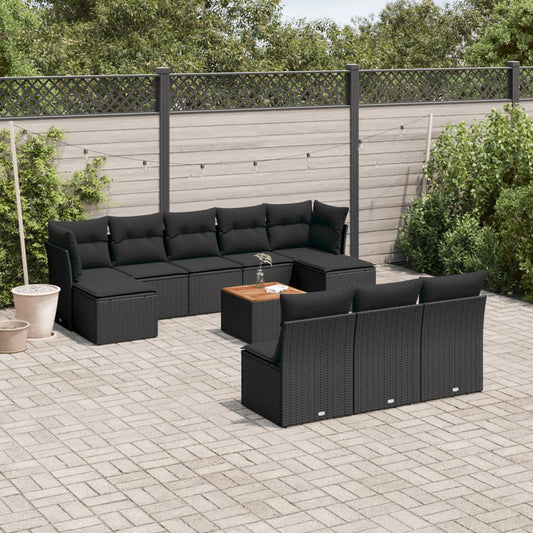 11-delige Loungeset met kussens poly rattan zwart