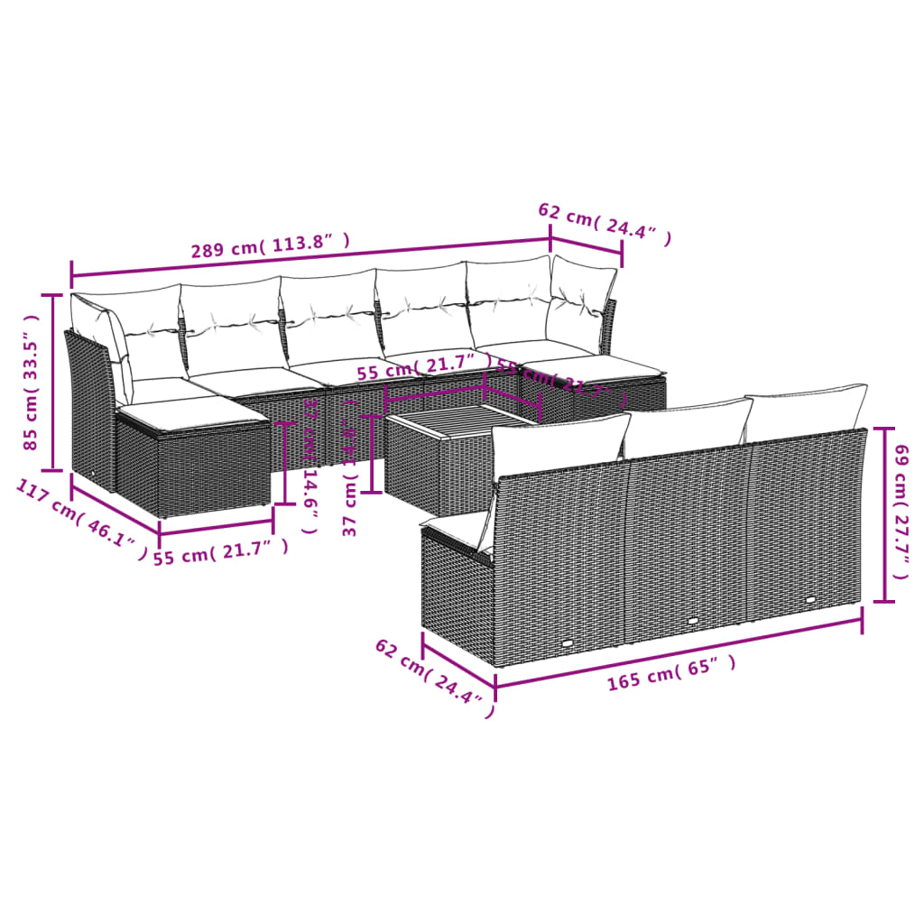 11-delige Loungeset met kussens poly rattan zwart