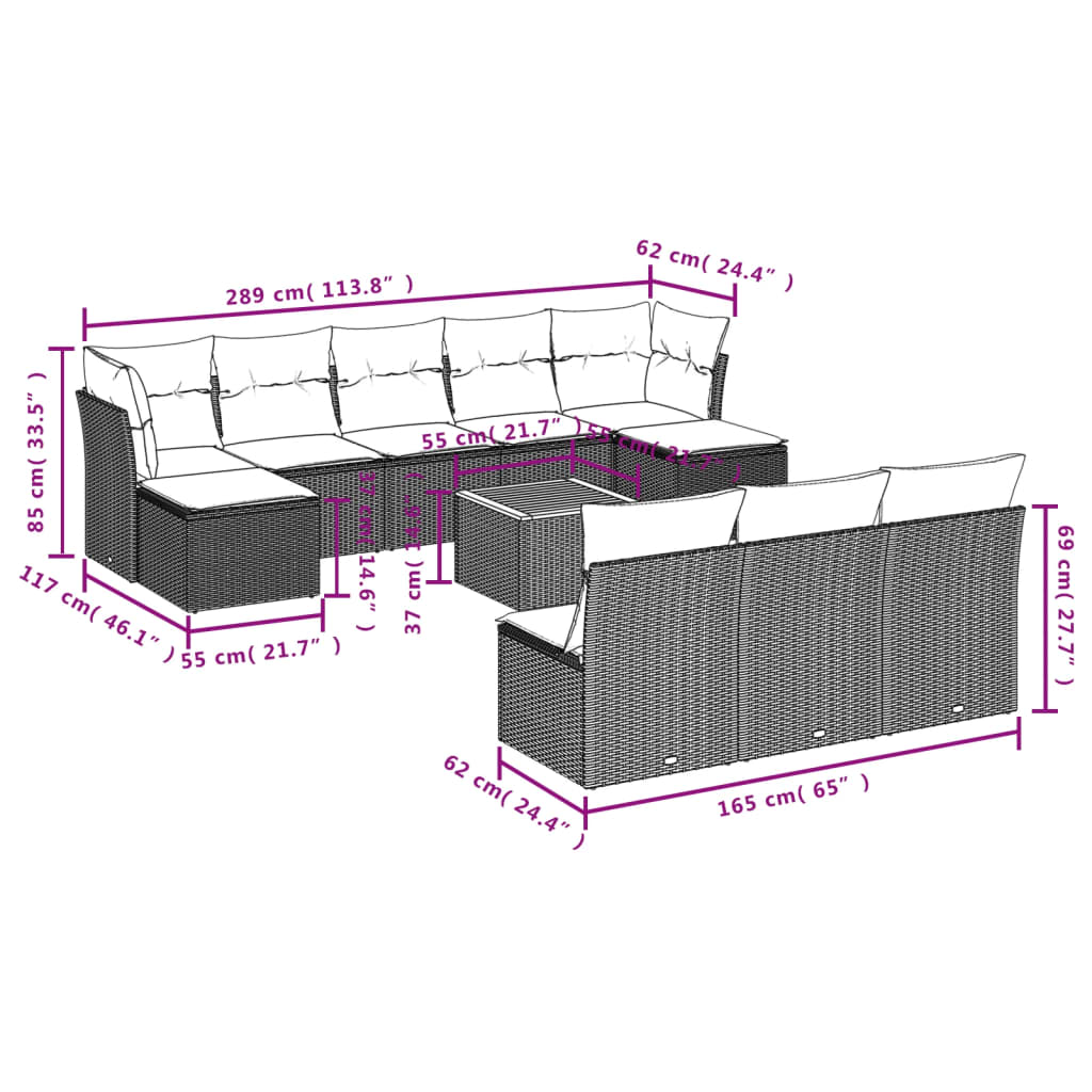 11-delige Loungeset met kussens poly rattan grijs