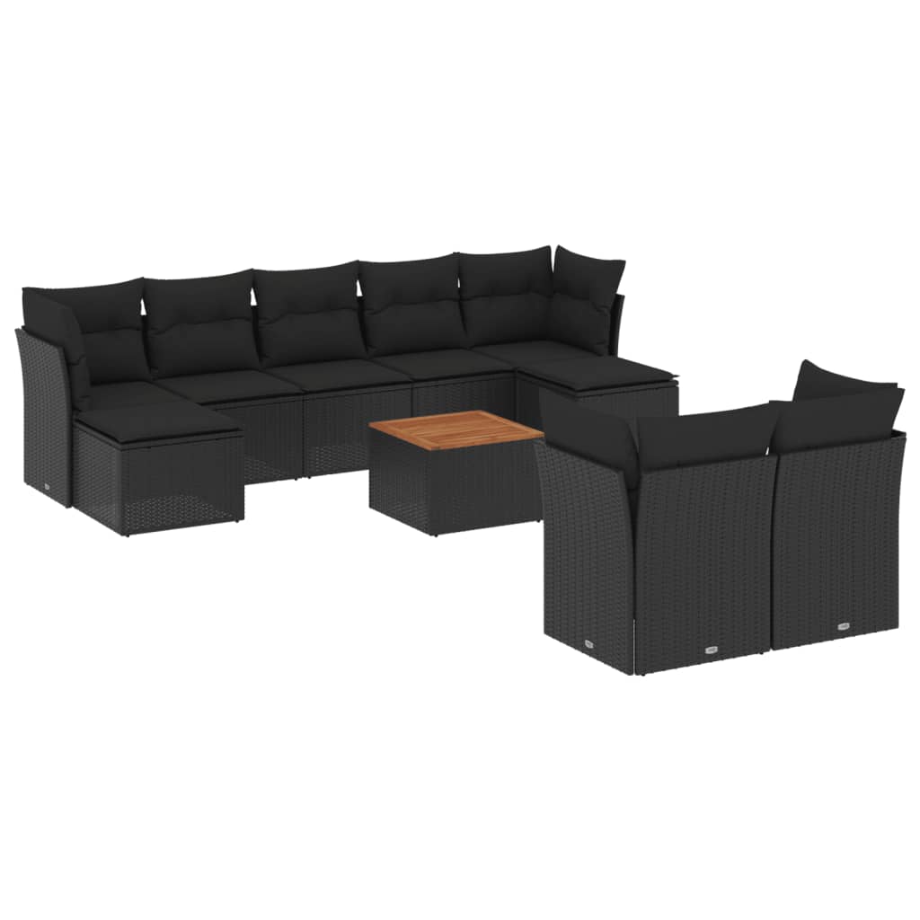 10-delige Loungeset met kussens poly rattan zwart