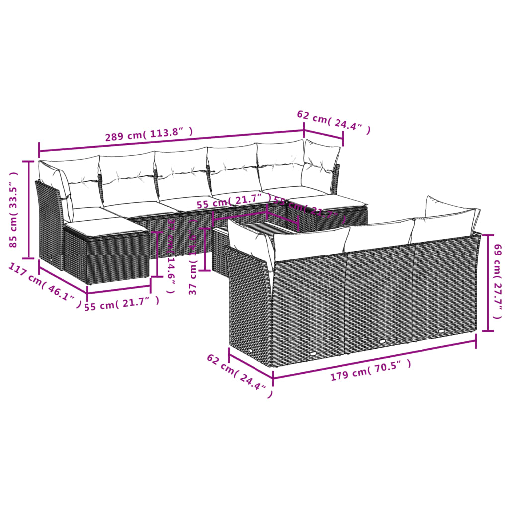 11-delige Loungeset met kussens poly rattan zwart