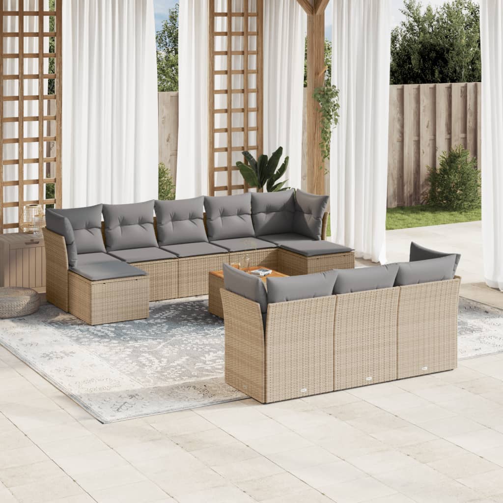 11-delige Loungeset met kussens poly rattan gemengd beige