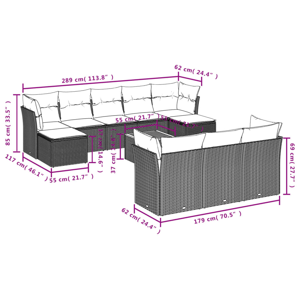 11-delige Loungeset met kussens poly rattan grijs