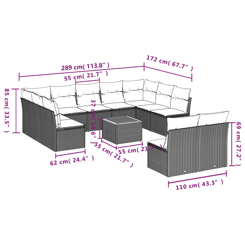 12-delige Loungeset met kussens poly rattan zwart