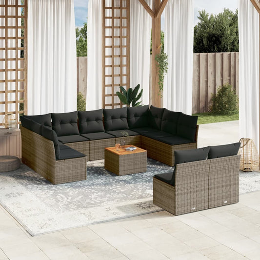 12-delige Loungeset met kussens poly rattan grijs