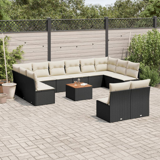 13-delige Loungeset met kussens poly rattan zwart