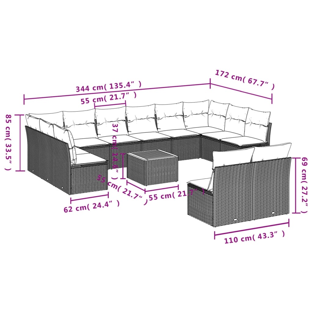 13-delige Loungeset met kussens poly rattan gemengd beige