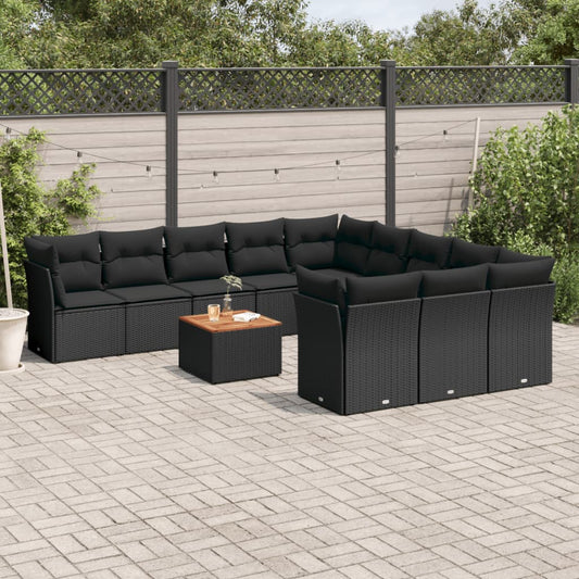 12-delige Loungeset met kussens poly rattan zwart