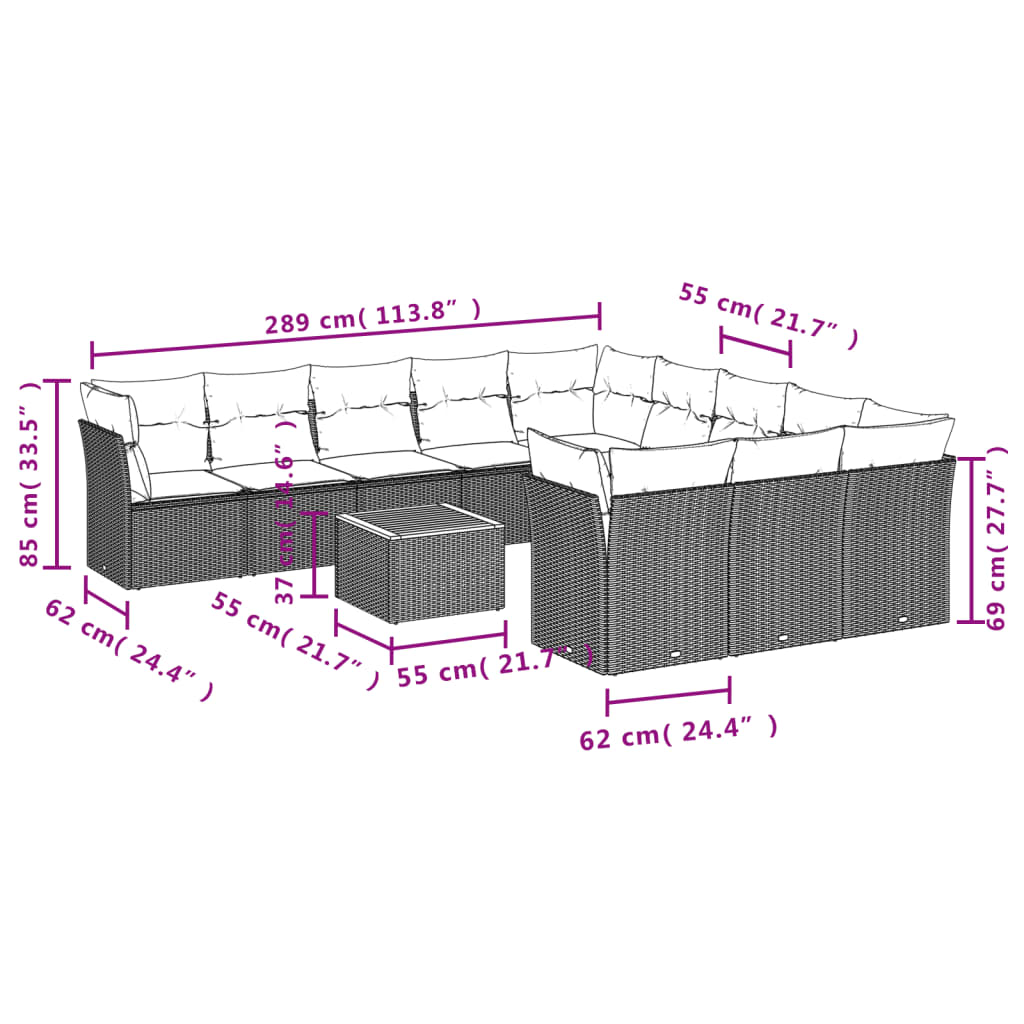 12-delige Loungeset met kussens poly rattan zwart