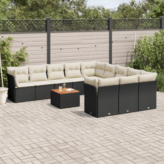 12-delige Loungeset met kussens poly rattan zwart