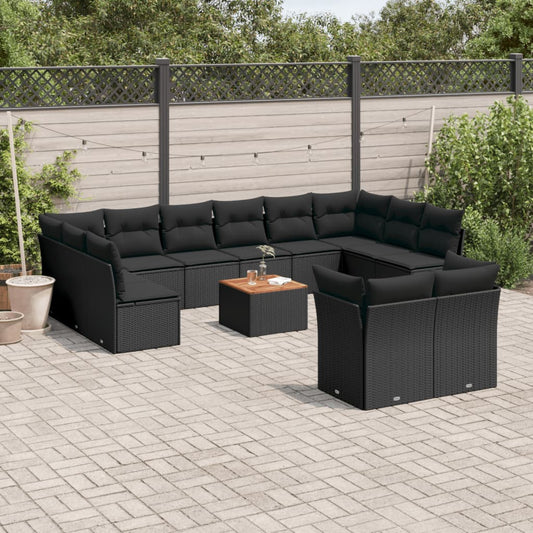 13-delige Loungeset met kussens poly rattan zwart