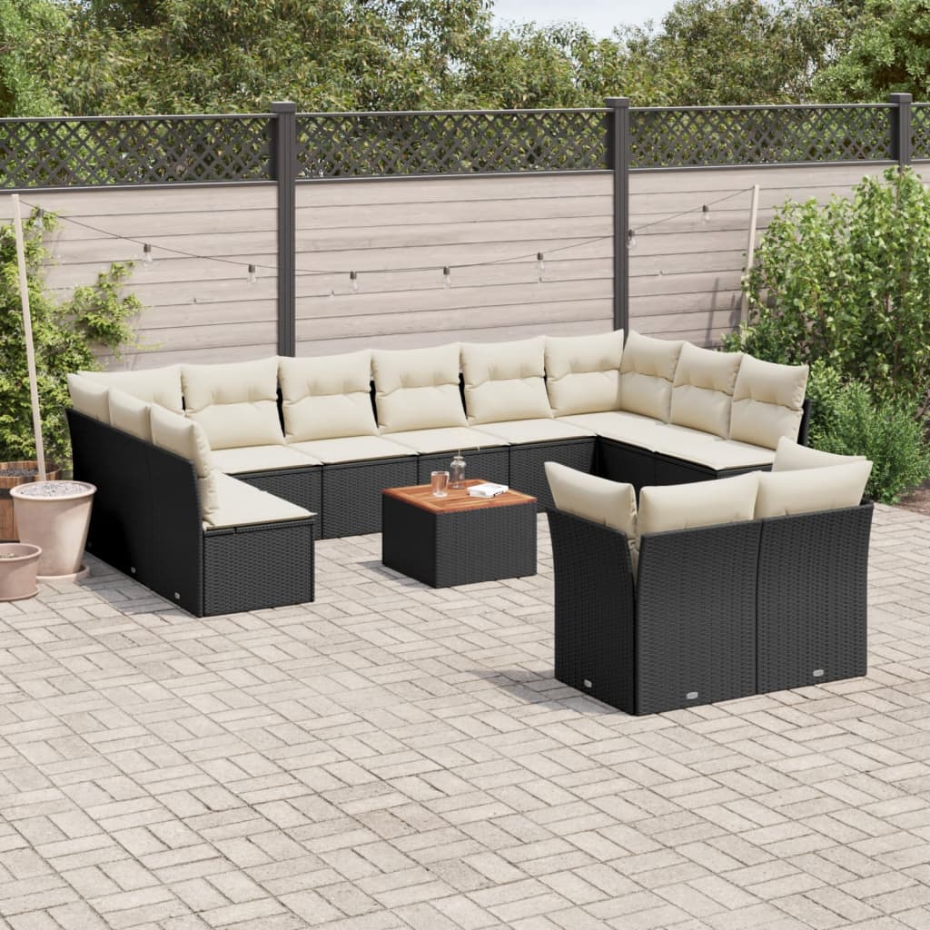 13-delige Loungeset met kussens poly rattan zwart