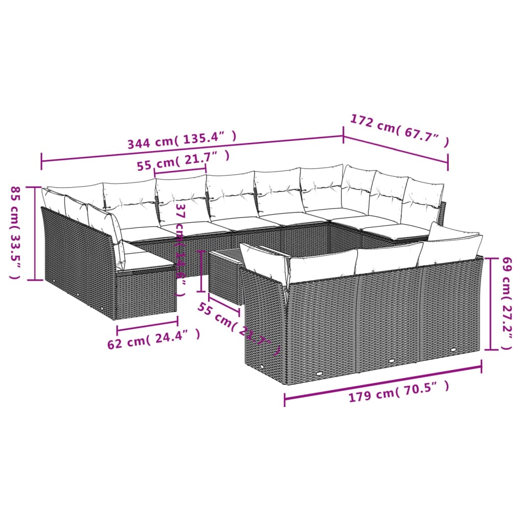 14-delige Loungeset met kussens poly rattan gemengd beige