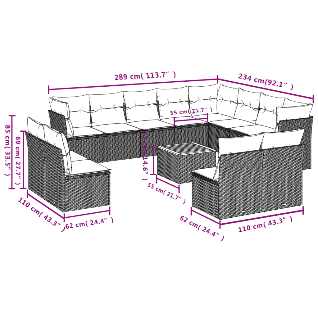 13-delige Loungeset met kussens poly rattan zwart