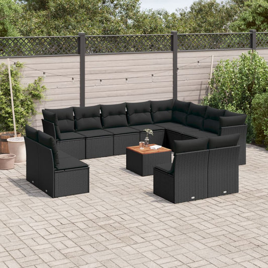 13-delige Loungeset met kussens poly rattan zwart