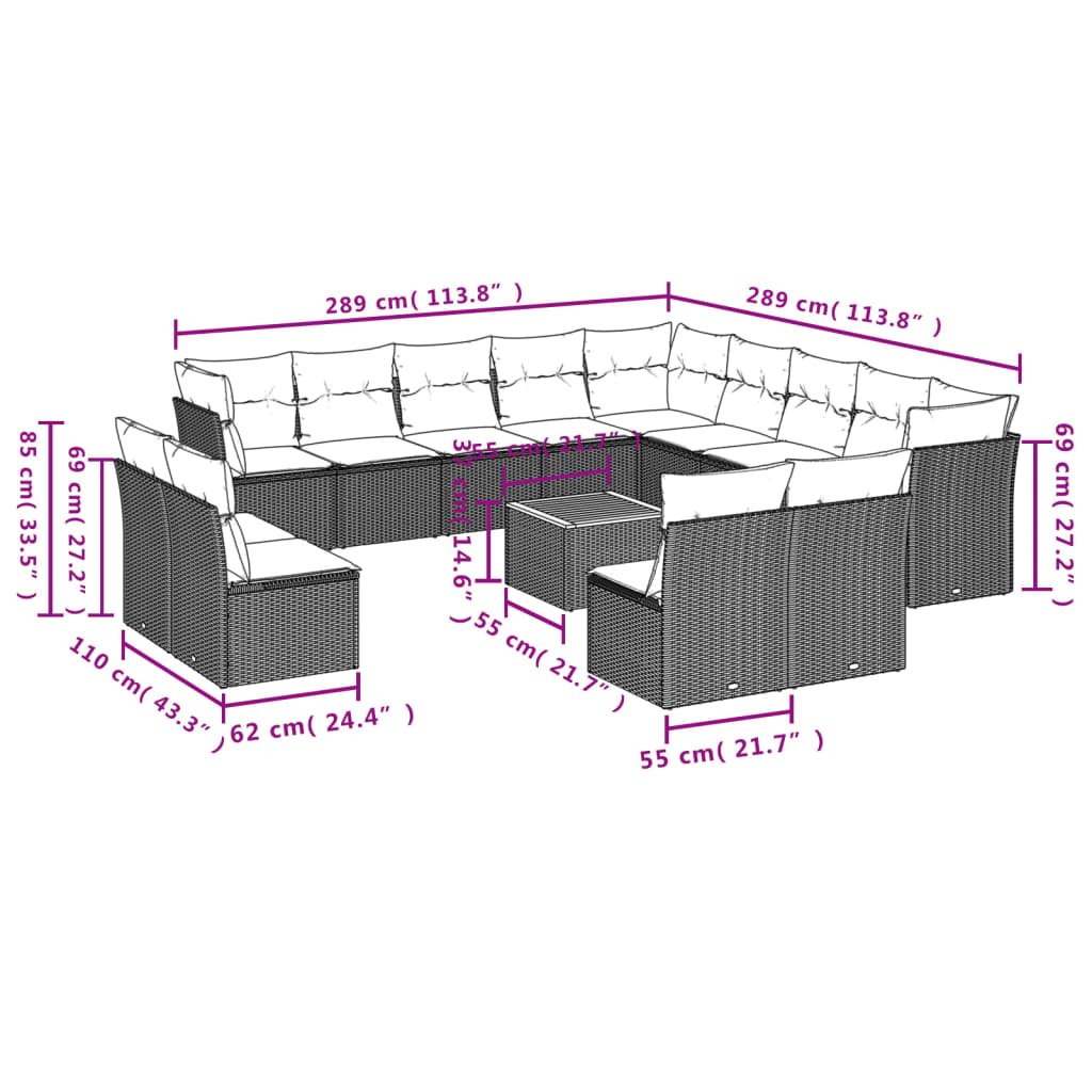 14-delige Loungeset met kussens poly rattan zwart