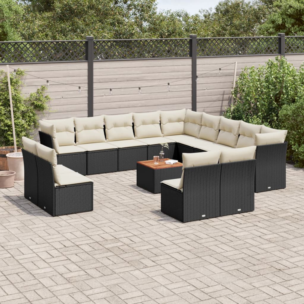 14-delige Loungeset met kussens poly rattan zwart