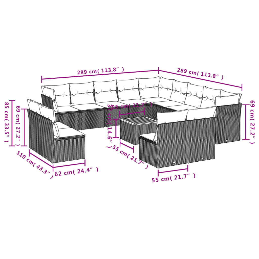 14-delige Loungeset met kussens poly rattan gemengd beige