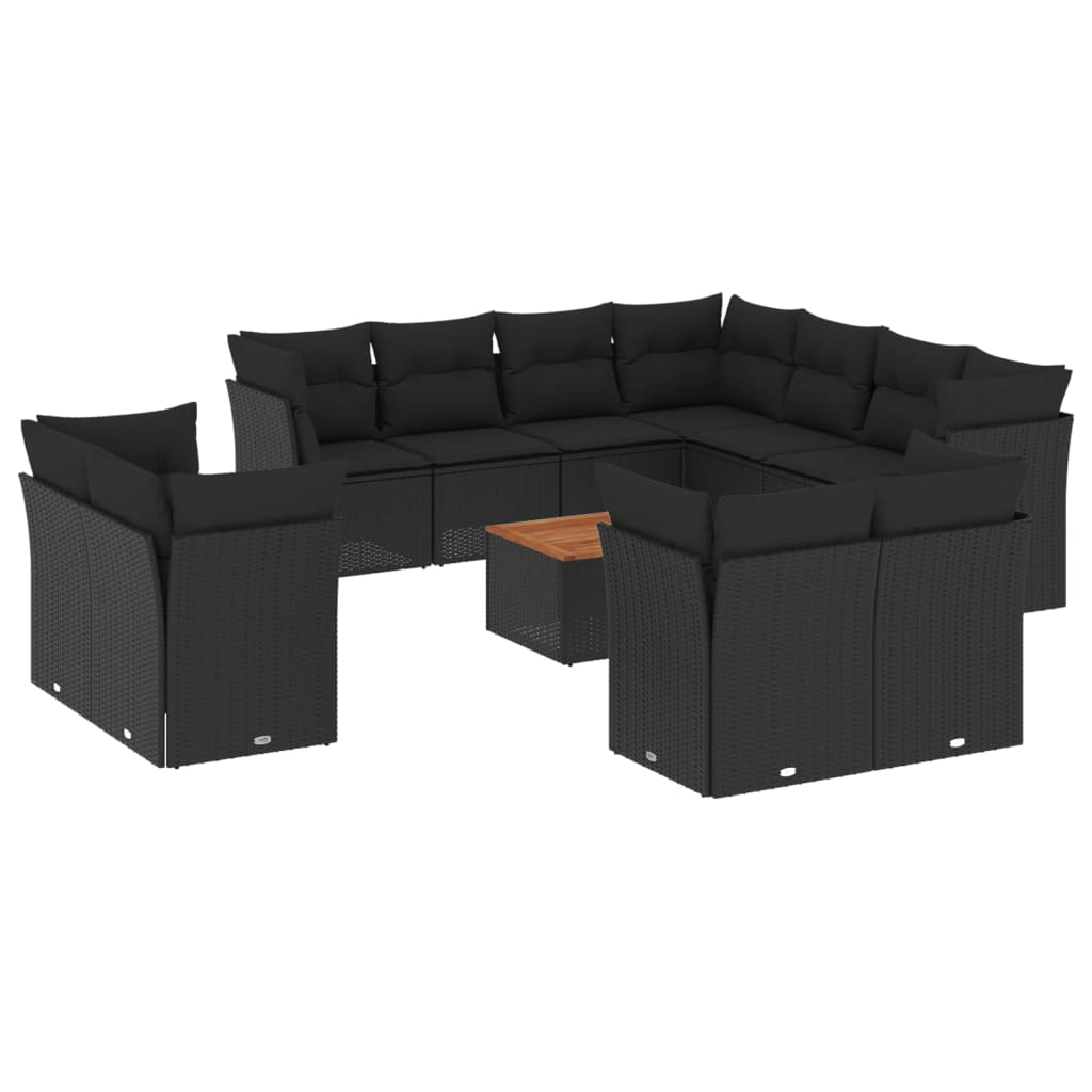 12-delige Loungeset met kussens poly rattan zwart