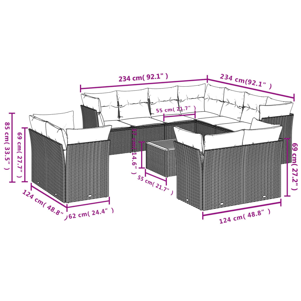 12-delige Loungeset met kussens poly rattan zwart