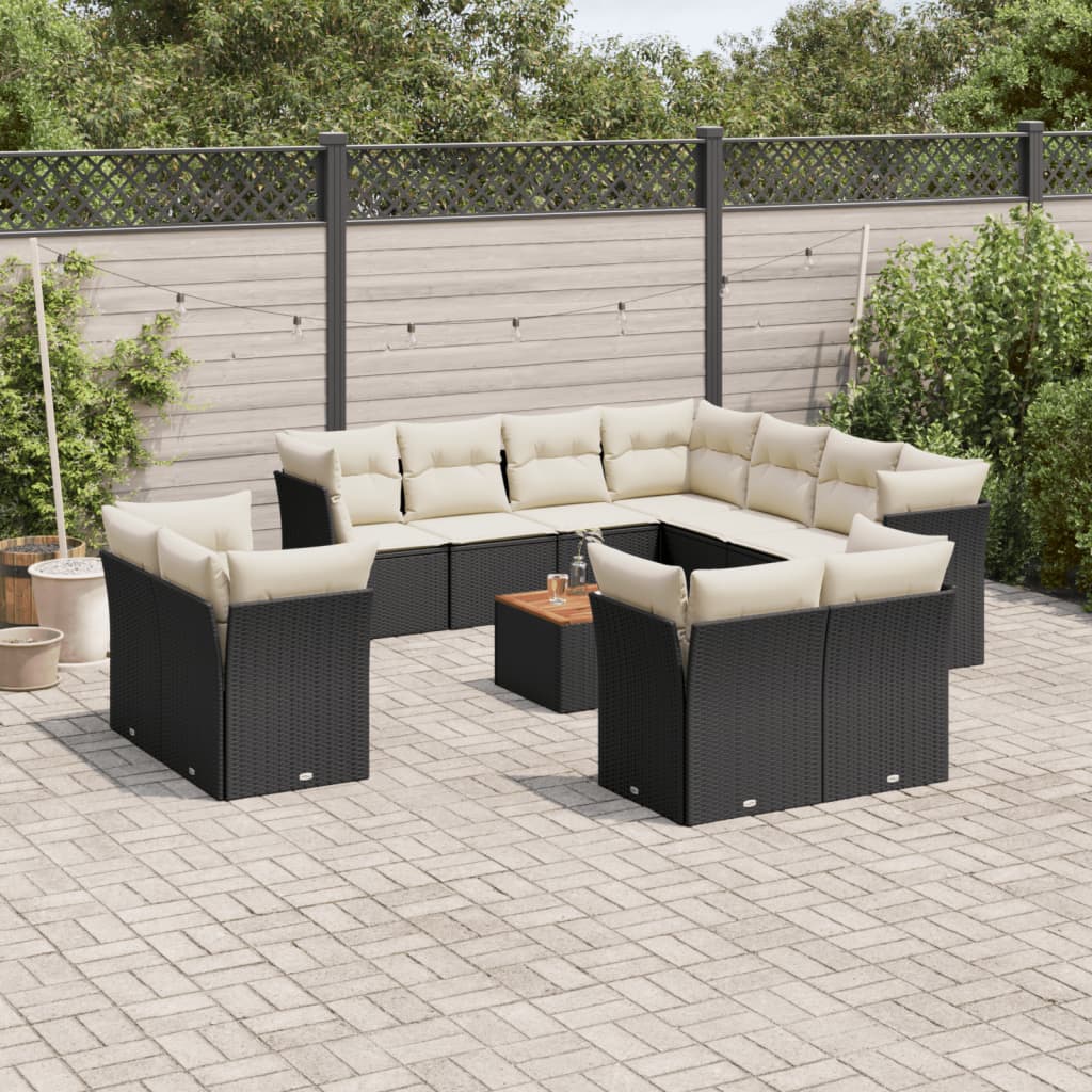 12-delige Loungeset met kussens poly rattan zwart