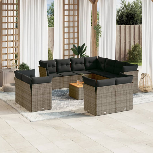 12-delige Loungeset met kussens poly rattan grijs