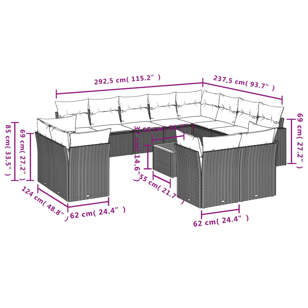 13-delige Loungeset met kussens poly rattan gemengd beige