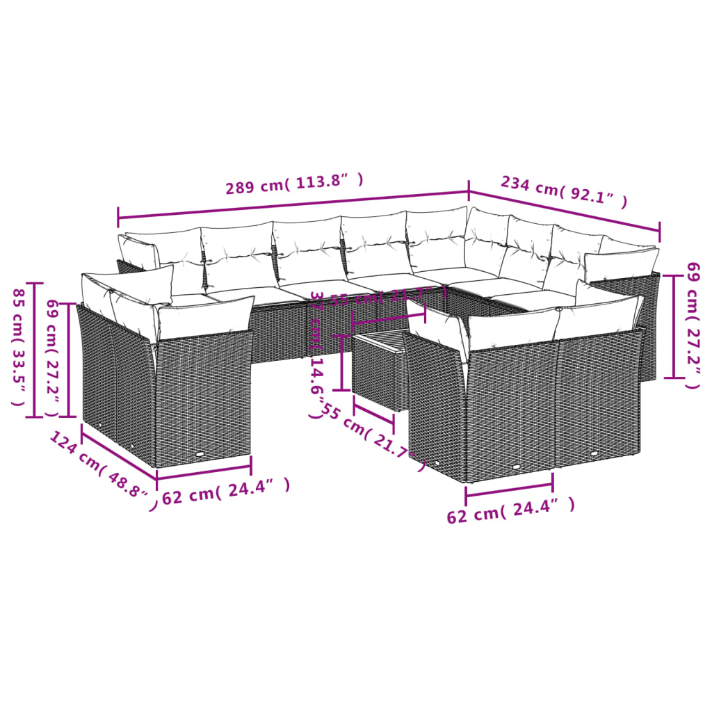 13-delige Loungeset met kussens poly rattan grijs